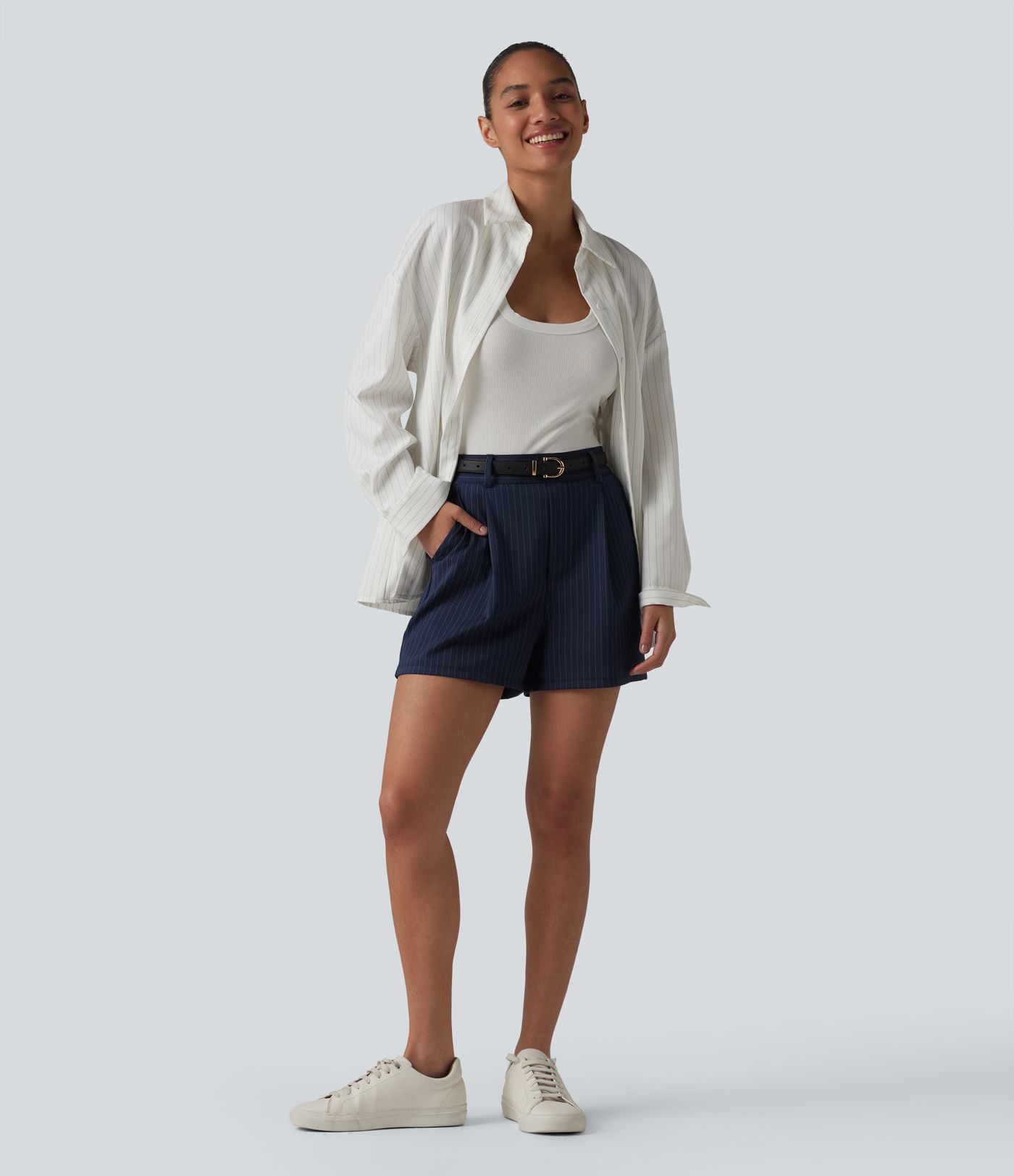 High Waisted Pleated Stripes Work Baggy Shorts with Pockets