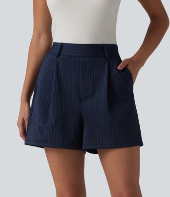 High Waisted Pleated Stripes Work Baggy Shorts with Pockets