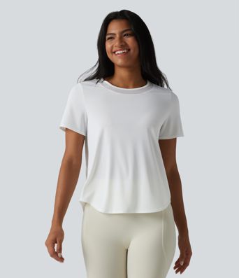 Lauf- und Sporttop mit Rundhalsausschnitt, kurzen Ärmeln und kontrastierendem Mesh-Einsatz am abgerundeten Saum