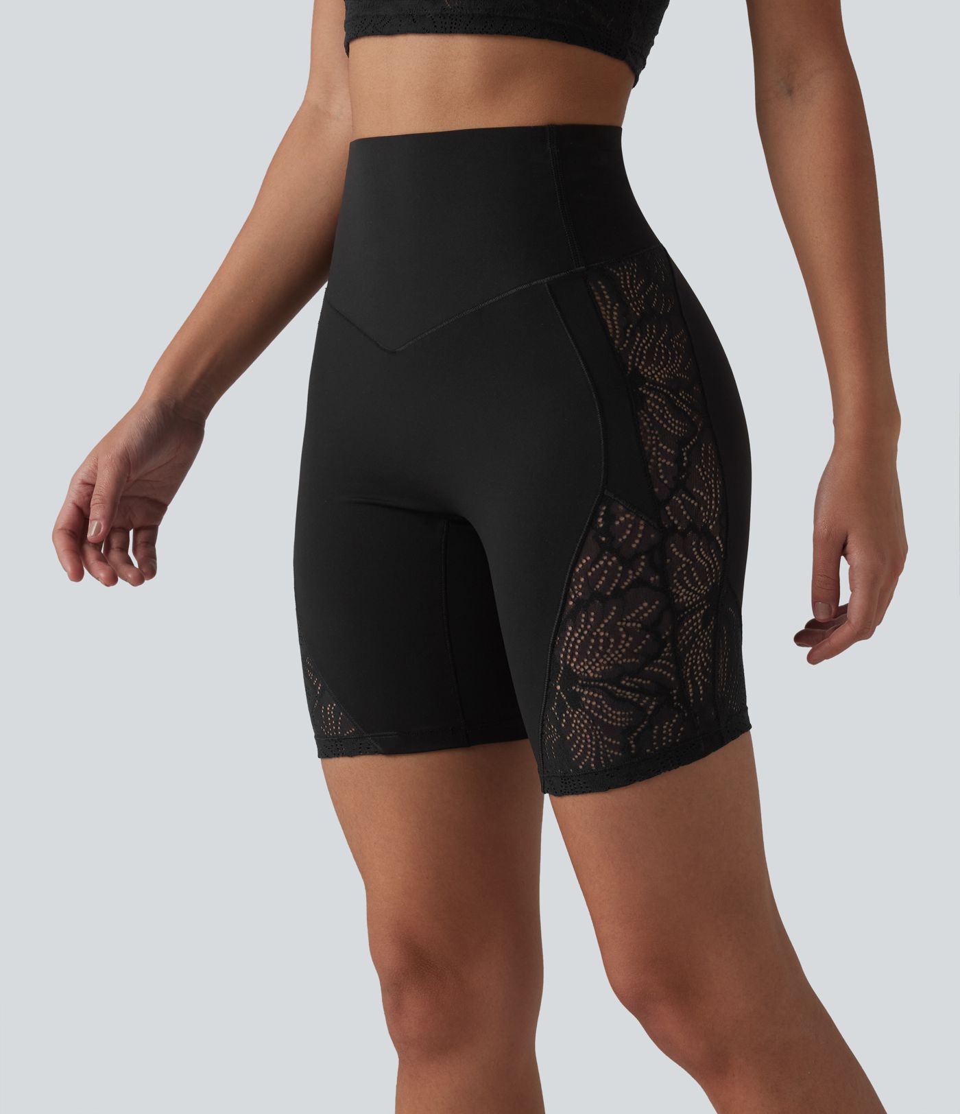 Halara UltraSculpt™ High Waisted Tummy Control Contrast Lace Yoga Biker Shorts 7'' with Pocket