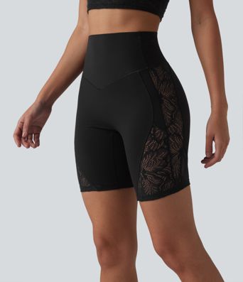 Halara UltraSculpt™ High Waisted Tummy Control Contrast Lace Yoga Biker Shorts 7'' with Pocket