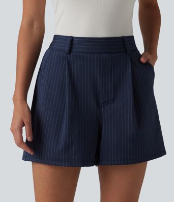 High Waisted Pleated Stripes Work Baggy Shorts with Pockets