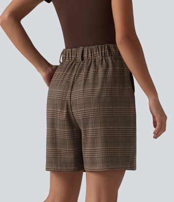 High Waisted Baggy Plaid Work Shorts with Pockets