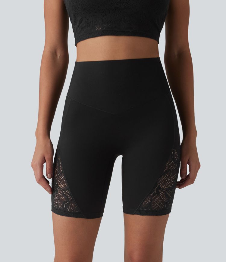 Halara UltraSculpt™ High Waisted Tummy Control Contrast Lace Yoga Biker Shorts 7'' with Pocket