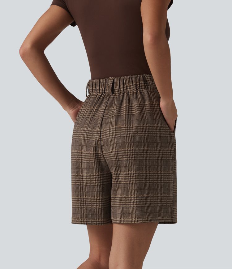 High Waisted Baggy Plaid Work Shorts with Pockets
