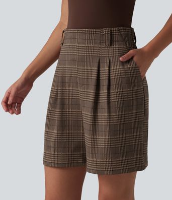 High Waisted Baggy Plaid Work Shorts with Pockets