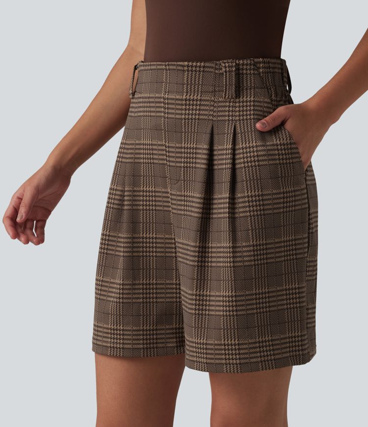 High Waisted Baggy Plaid Work Shorts with Pockets