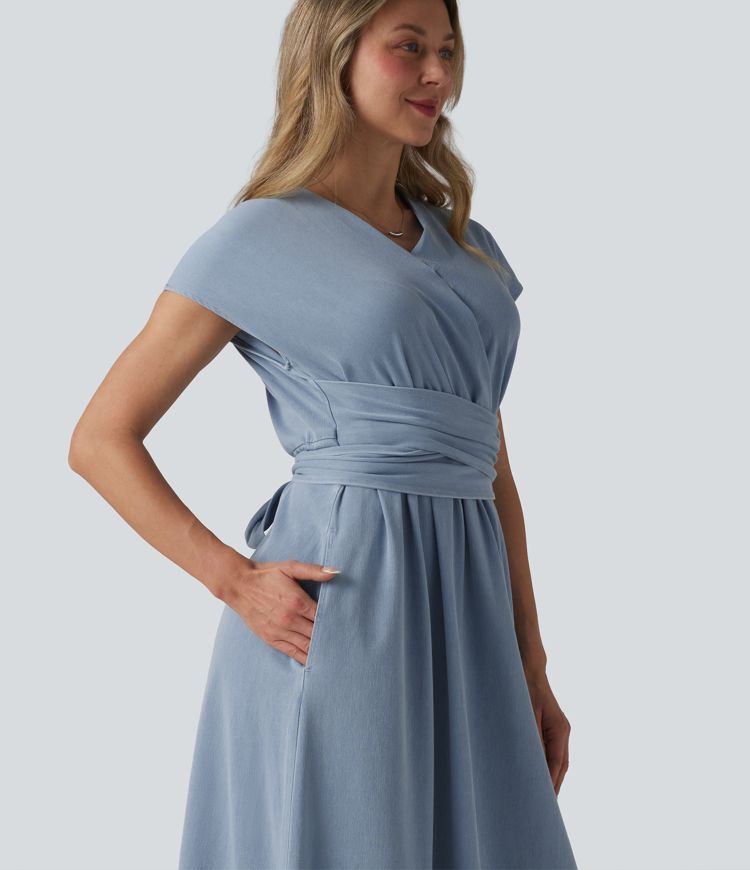 Halara Flex™ vestido midi casual de denim con escote en V, mangas cortas, lazo trasero y bolsillos Halara Flex™ vestido midi casual de denim con escote en V, mangas cortas, lazo trasero y bolsillos