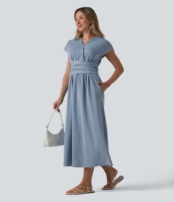 Halara Flex™ vestido midi casual de denim con escote en V, mangas cortas, lazo trasero y bolsillos Halara Flex™ vestido midi casual de denim con escote en V, mangas cortas, lazo trasero y bolsillos