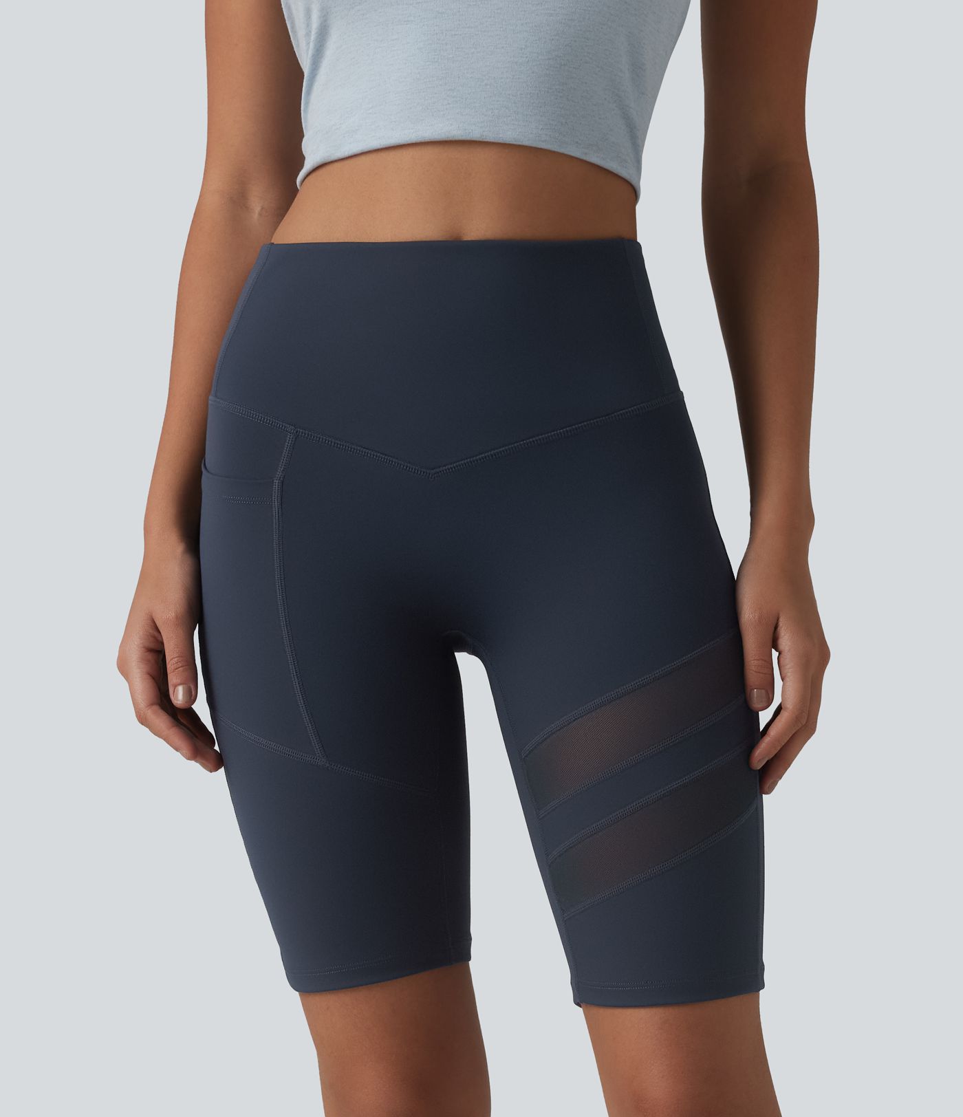 DayStretch - Lässige Biker-Shorts mit hohem Bund, Seitentasche, Bauchkontrolle und Kontrast-Mesh - Po-Lifting, 24,1 cm