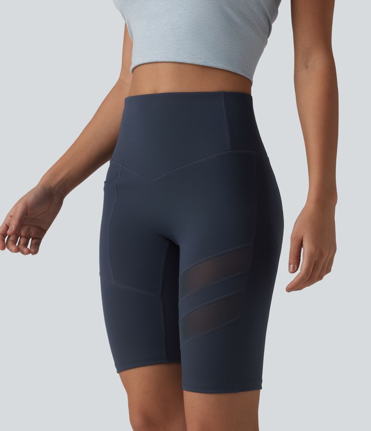 DayStretch High Waisted Tummy Control Butt Lifting Contrast Mesh Casual Biker Shorts 9.5'' with Pocket