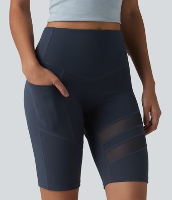 DayStretch High Waisted Tummy Control Butt Lifting Contrast Mesh Casual Biker Shorts 9.5'' with Pocket