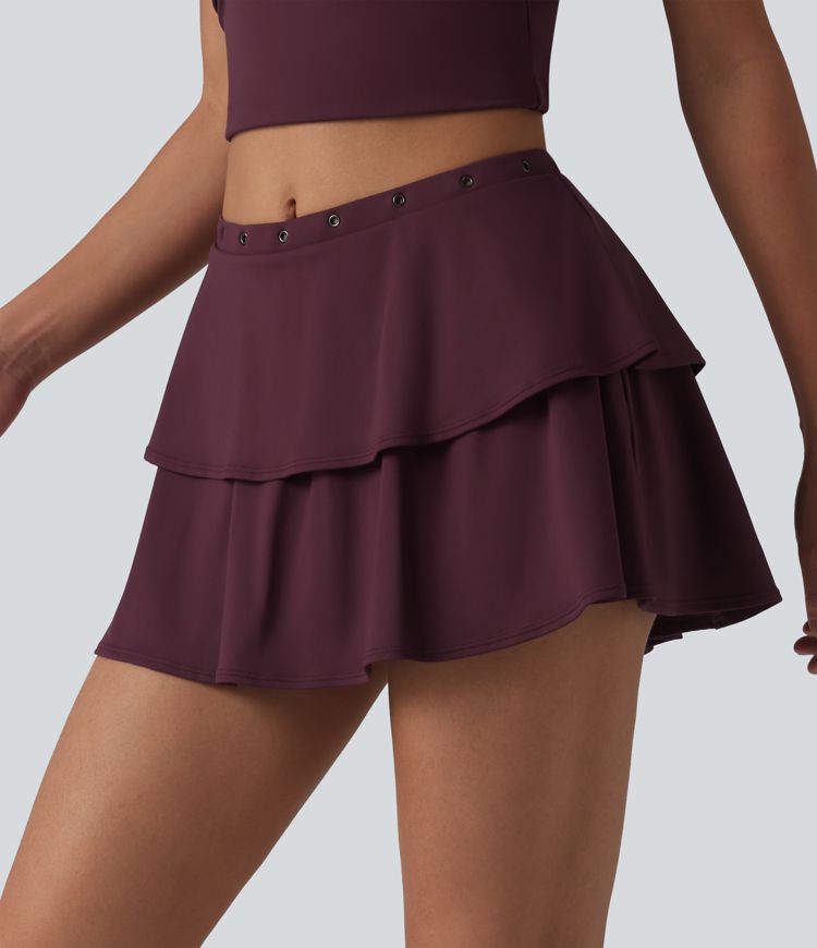 SoftlyZero™ luchtige casual mini-rok in laagjes, middelhoge taille, broderie anglaise (eyelet), 2-in-1, koel aanvoelend, met zak