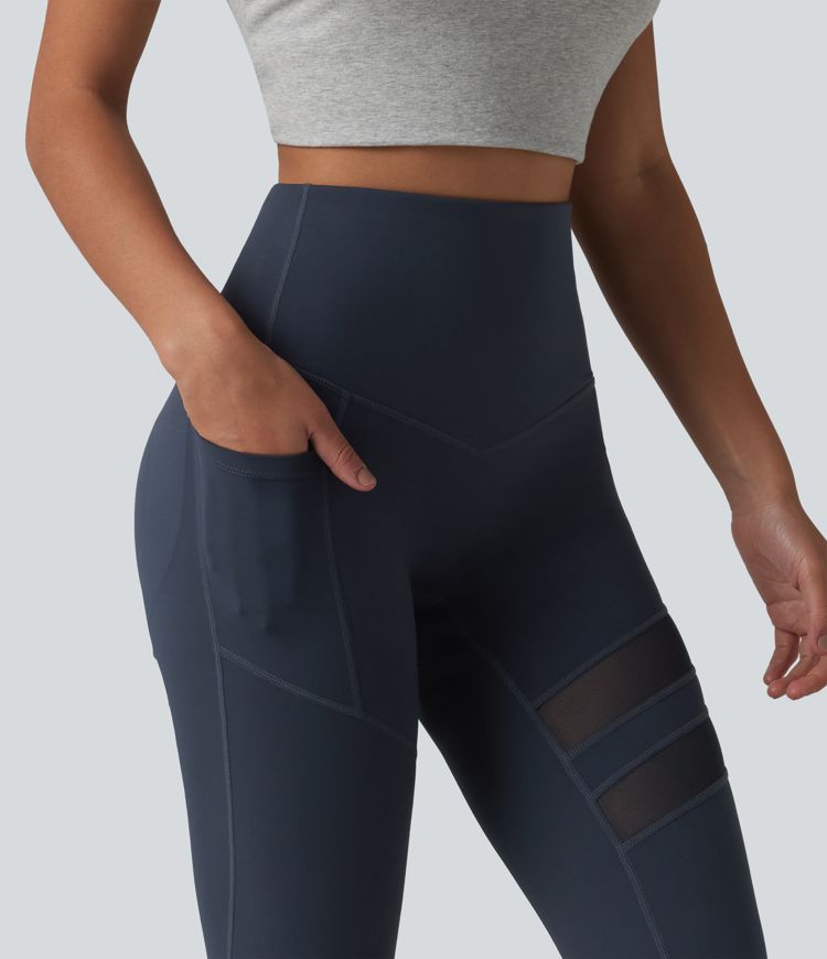 DayStretch - Lässige Flare-Leggings mit hohem Bund, Seitentasche, Bauchkontrolle und Kontrast-Mesh - Po-Lifting