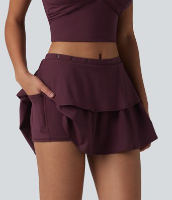 SoftlyZero™ luchtige casual mini-rok in laagjes, middelhoge taille, broderie anglaise (eyelet), 2-in-1, koel aanvoelend, met zak