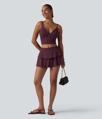 SoftlyZero™ luchtige casual mini-rok in laagjes, middelhoge taille, broderie anglaise (eyelet), 2-in-1, koel aanvoelend, met zak