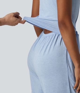 V Neck Sleeveless Tie Front Wide Leg Casual Jumpsuit with Pockets-Easy Peezy Edition