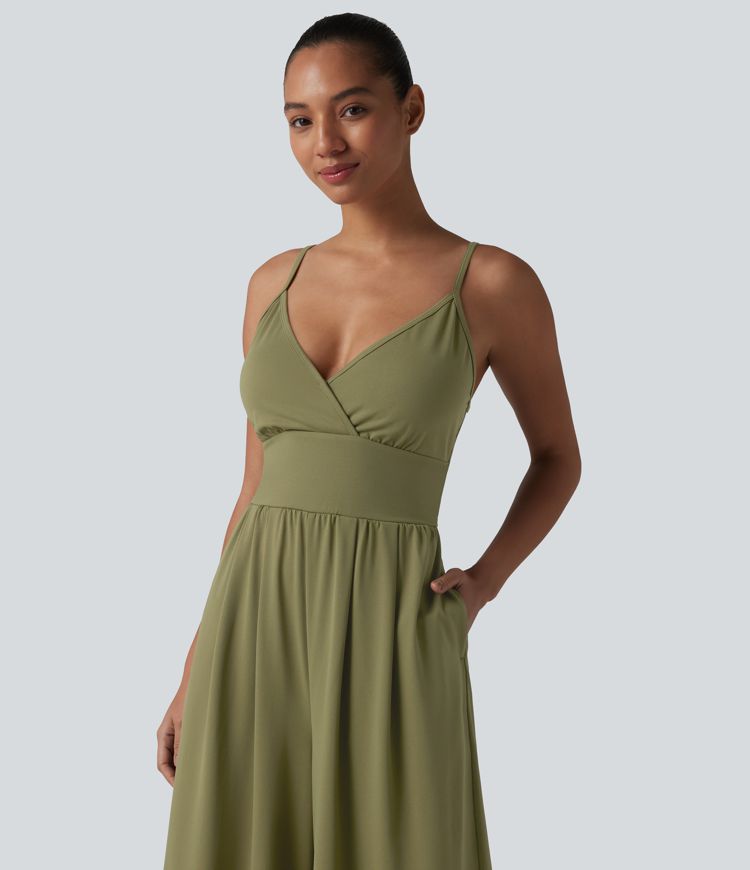 V Neck Built-in Bra Casual Slip Jumpsuit with Pockets-Easy Peezy Edition