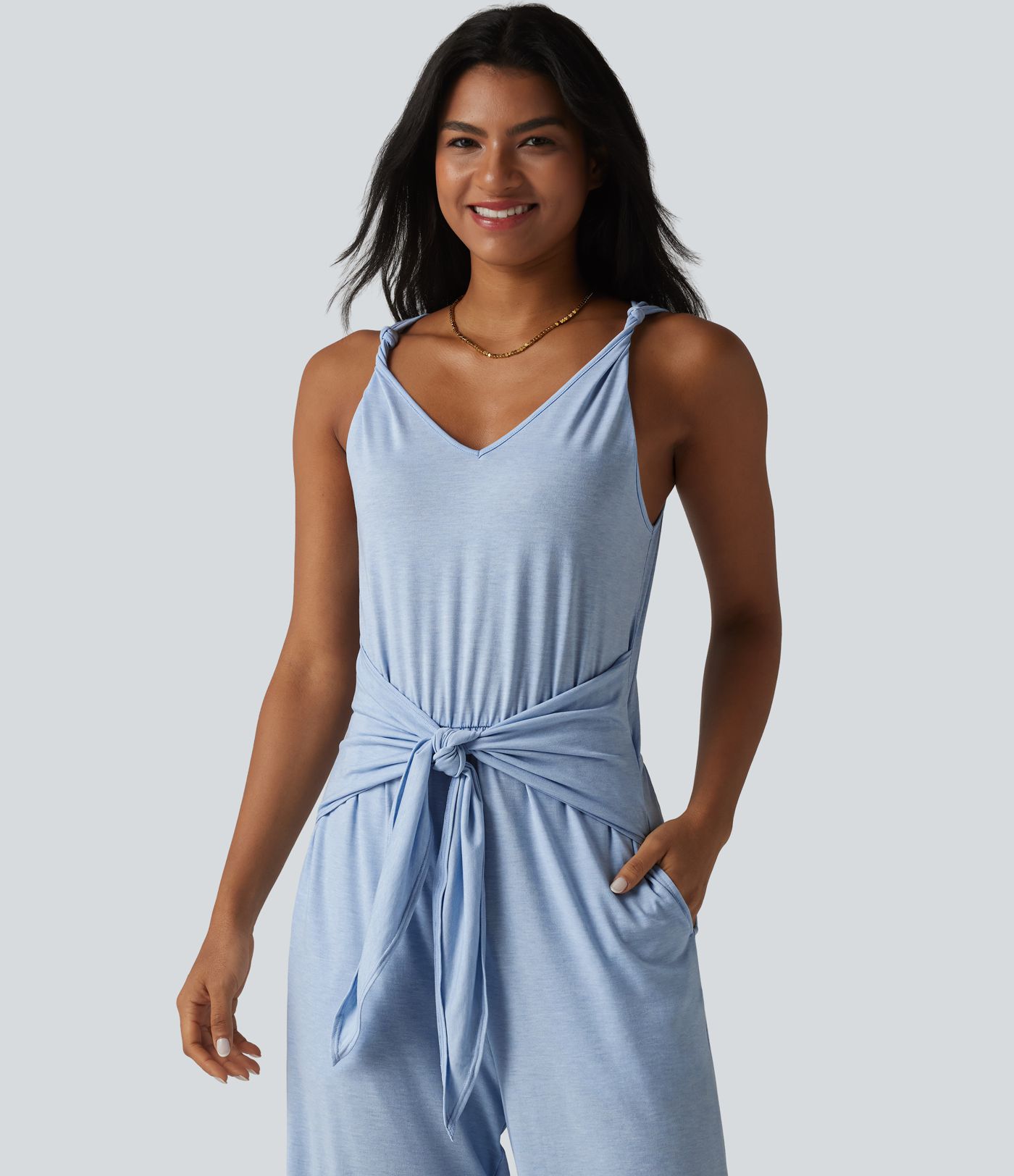 V Neck Sleeveless Tie Front Wide Leg Casual Jumpsuit with Pockets-Easy Peezy Edition