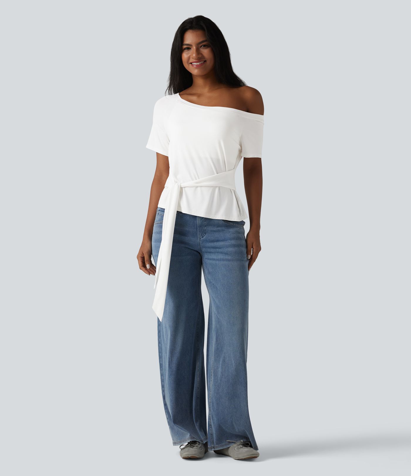 One Shoulder Short Sleeve Built-in Bra Tie Front Casual T-Shirt One Shoulder Short Sleeve Built-in Bra Tie Front Casual T-Shirt