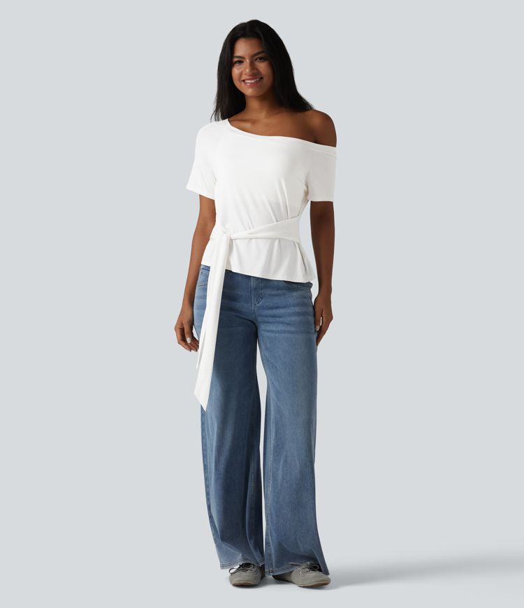 One Shoulder Short Sleeve Built-in Bra Tie Front Casual T-Shirt One Shoulder Short Sleeve Built-in Bra Tie Front Casual T-Shirt
