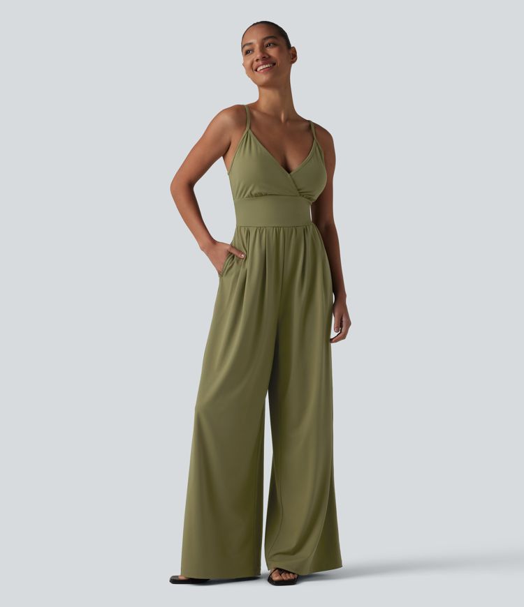 V Neck Built-in Bra Casual Slip Jumpsuit with Pockets-Easy Peezy Edition