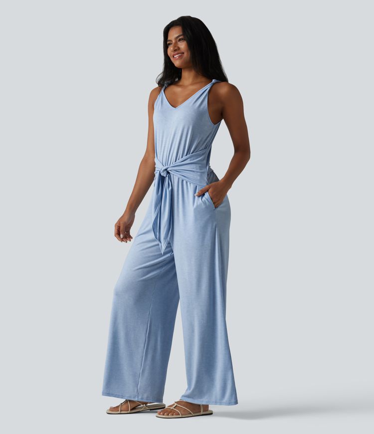 V Neck Sleeveless Tie Front Wide Leg Casual Jumpsuit with Pockets-Easy Peezy Edition