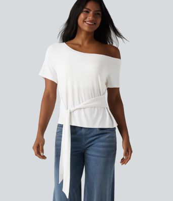 One Shoulder Short Sleeve Built-in Bra Tie Front Casual T-Shirt One Shoulder Short Sleeve Built-in Bra Tie Front Casual T-Shirt