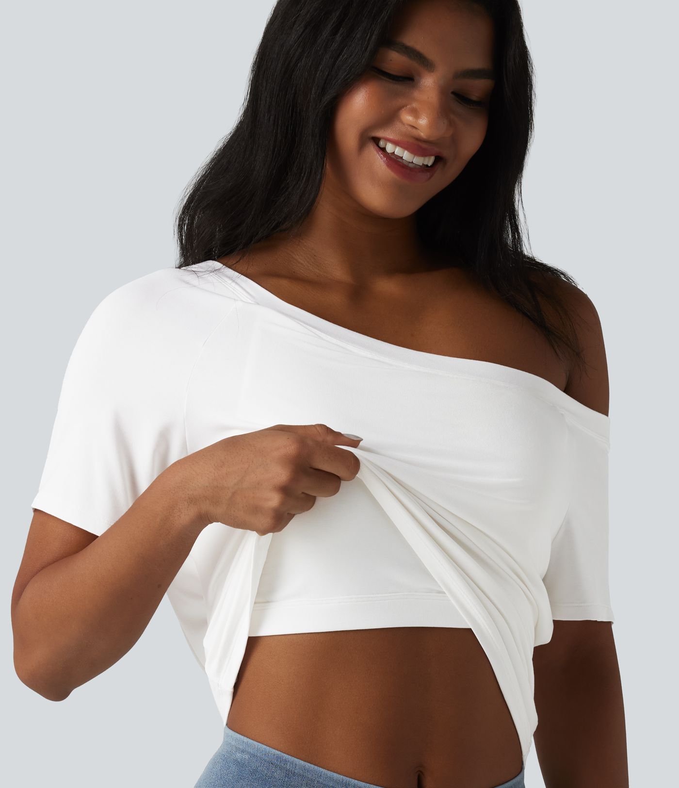 One Shoulder Short Sleeve Built-in Bra Tie Front Casual T-Shirt One Shoulder Short Sleeve Built-in Bra Tie Front Casual T-Shirt