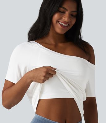 One Shoulder Short Sleeve Built-in Bra Tie Front Casual T-Shirt One Shoulder Short Sleeve Built-in Bra Tie Front Casual T-Shirt