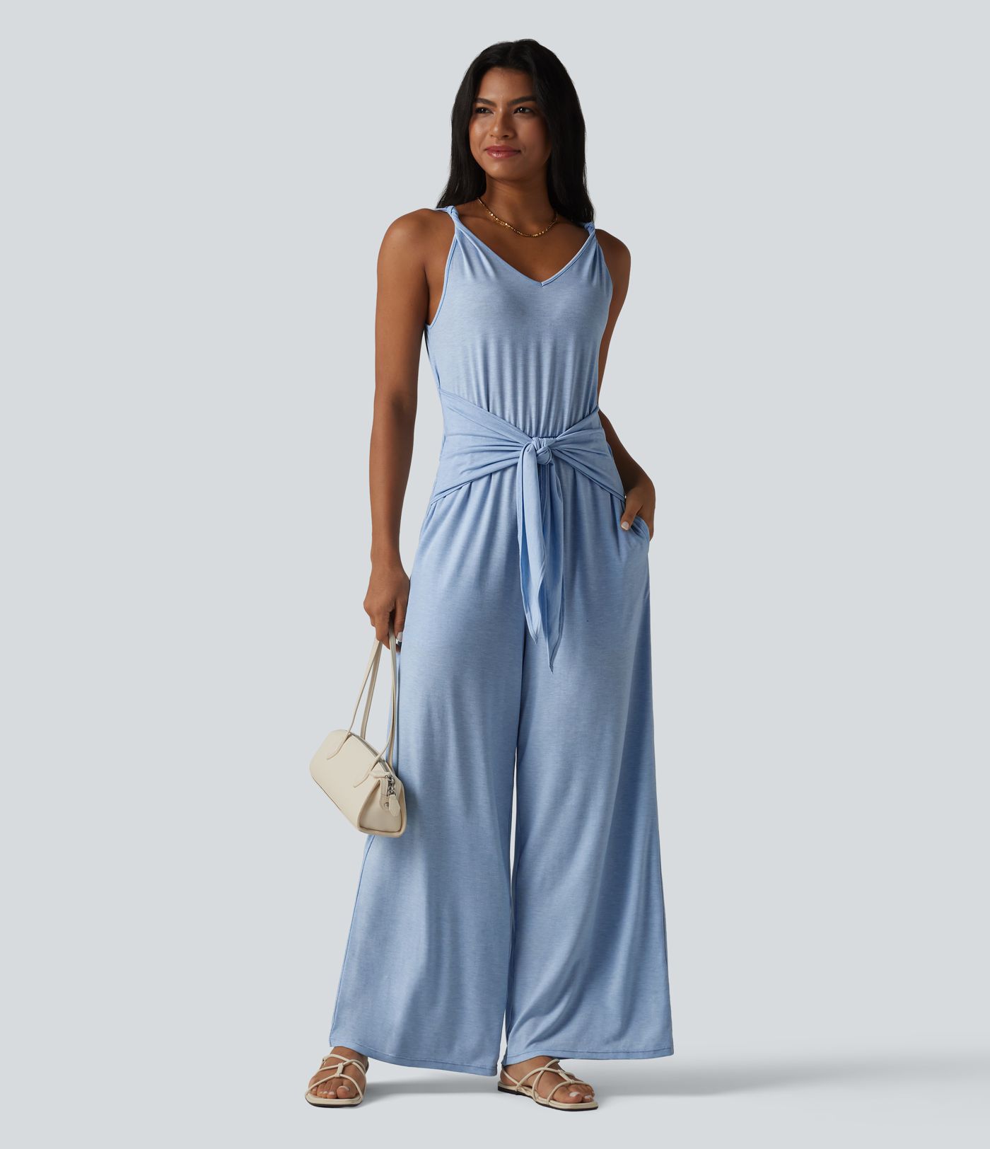 V Neck Sleeveless Tie Front Wide Leg Casual Jumpsuit with Pockets-Easy Peezy Edition