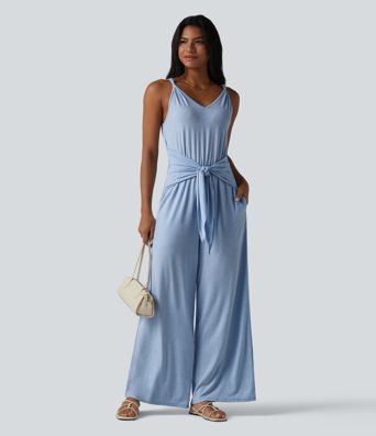 V Neck Sleeveless Tie Front Wide Leg Casual Jumpsuit with Pockets-Easy Peezy Edition