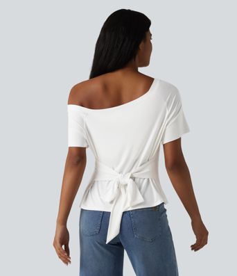 One Shoulder Short Sleeve Built-in Bra Tie Front Casual T-Shirt One Shoulder Short Sleeve Built-in Bra Tie Front Casual T-Shirt