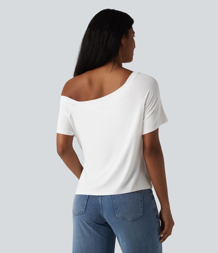 One Shoulder Short Sleeve Built-in Bra Tie Front Casual T-Shirt One Shoulder Short Sleeve Built-in Bra Tie Front Casual T-Shirt