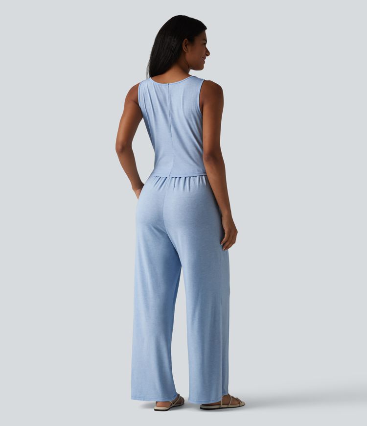 V Neck Sleeveless Tie Front Wide Leg Casual Jumpsuit with Pockets-Easy Peezy Edition