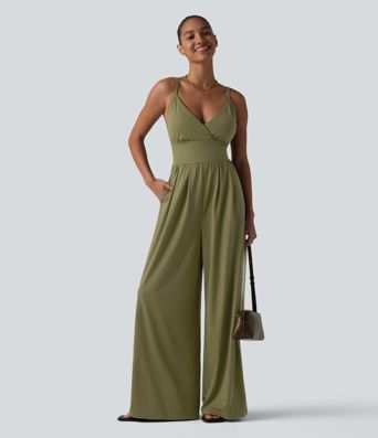 V Neck Built-in Bra Casual Slip Jumpsuit with Pockets-Easy Peezy Edition