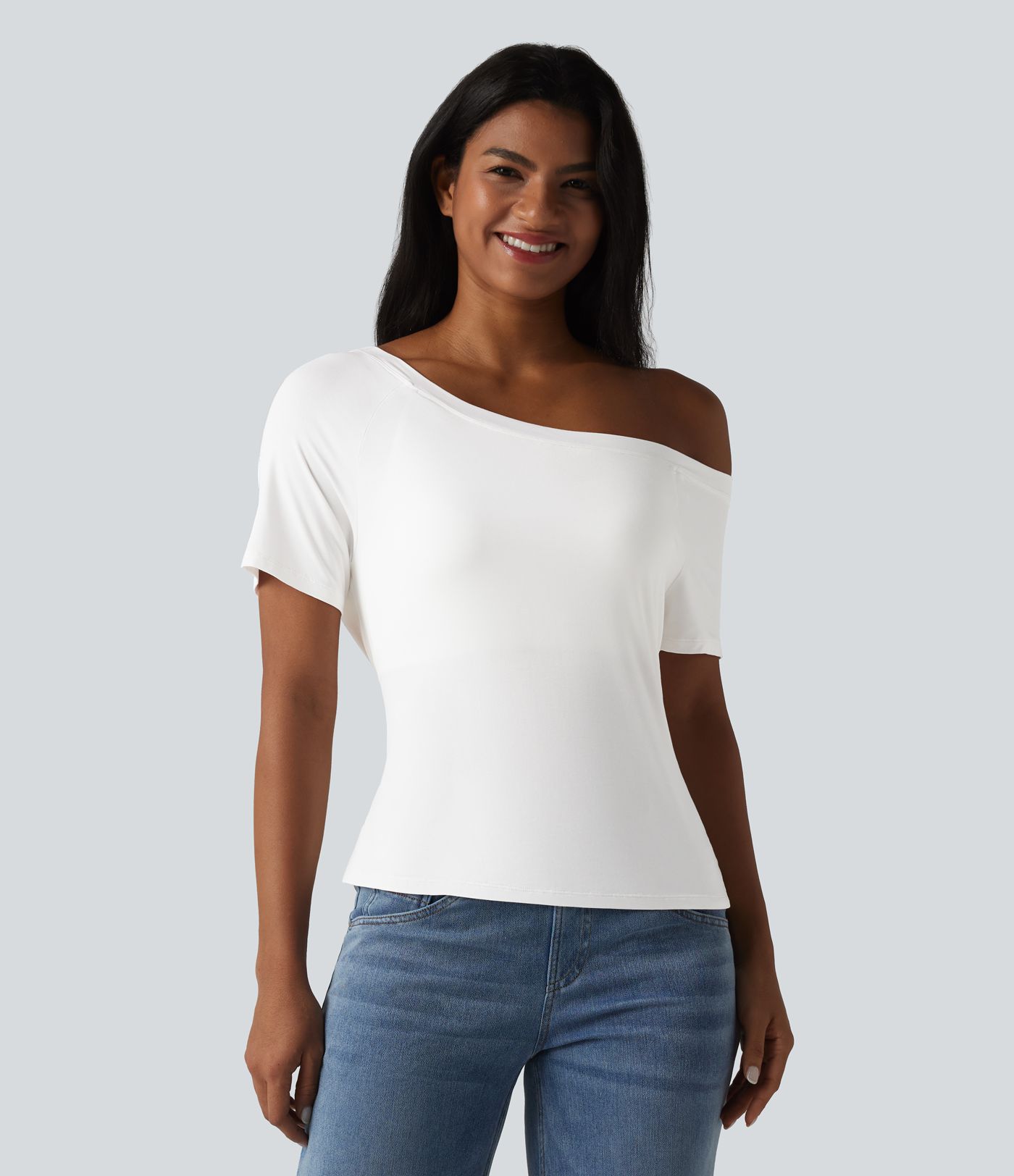 One Shoulder Short Sleeve Built-in Bra Tie Front Casual T-Shirt One Shoulder Short Sleeve Built-in Bra Tie Front Casual T-Shirt