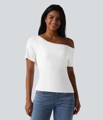 One Shoulder Short Sleeve Built-in Bra Tie Front Casual T-Shirt One Shoulder Short Sleeve Built-in Bra Tie Front Casual T-Shirt