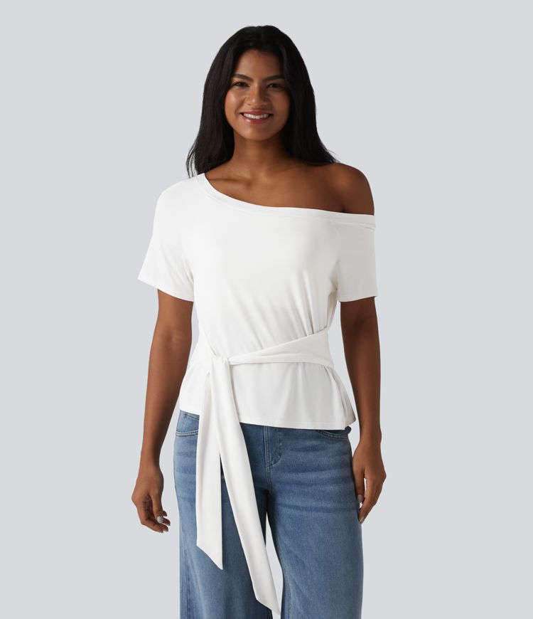 One Shoulder Short Sleeve Built-in Bra Tie Front Casual T-Shirt One Shoulder Short Sleeve Built-in Bra Tie Front Casual T-Shirt