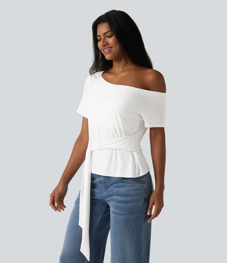 One Shoulder Short Sleeve Built-in Bra Tie Front Casual T-Shirt One Shoulder Short Sleeve Built-in Bra Tie Front Casual T-Shirt