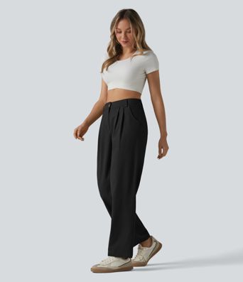 Lässige, plissierte Chino-Hose aus Baumwolle mit hohem Bund, Seitentaschen und geradem Bund Lässige, plissierte Chino-Hose aus Baumwolle mit hohem Bund, Seitentaschen und geradem Bund