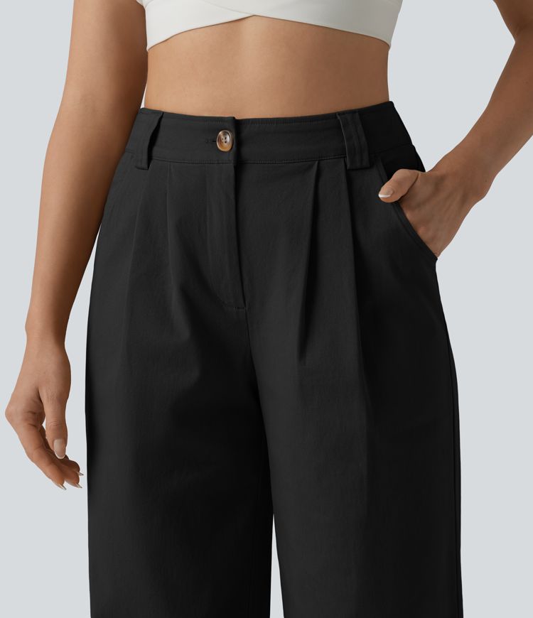 Lässige, plissierte Chino-Hose aus Baumwolle mit hohem Bund, Seitentaschen und geradem Bund Lässige, plissierte Chino-Hose aus Baumwolle mit hohem Bund, Seitentaschen und geradem Bund