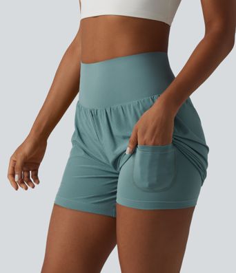 2-in-1 Yoga-Shorts mit superhohem Bund, Bundtasche und Bauchkontrolle - schnelltrocknend, 12,7 cm