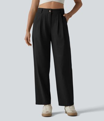 Lässige, plissierte Chino-Hose aus Baumwolle mit hohem Bund, Seitentaschen und geradem Bund Lässige, plissierte Chino-Hose aus Baumwolle mit hohem Bund, Seitentaschen und geradem Bund