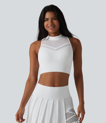 SoftlyZero™ Airy Light Support Racerback Mock-neck Contrast Mesh Non-Removable Pad Cool Touch Yoga Sports Bra-UPF50+