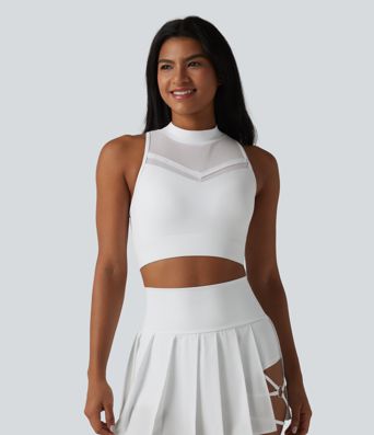 SoftlyZero™ Airy Light Support Racerback Mock-neck Contrast Mesh Non-Removable Pad Cool Touch Yoga Sports Bra-UPF50+