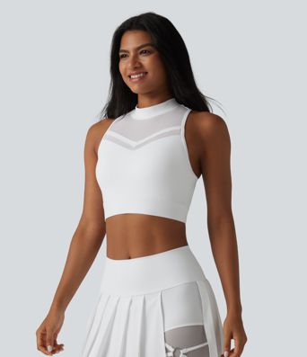 SoftlyZero™ Airy Light Support Racerback Mock-neck Contrast Mesh Non-Removable Pad Cool Touch Yoga Sports Bra-UPF50+