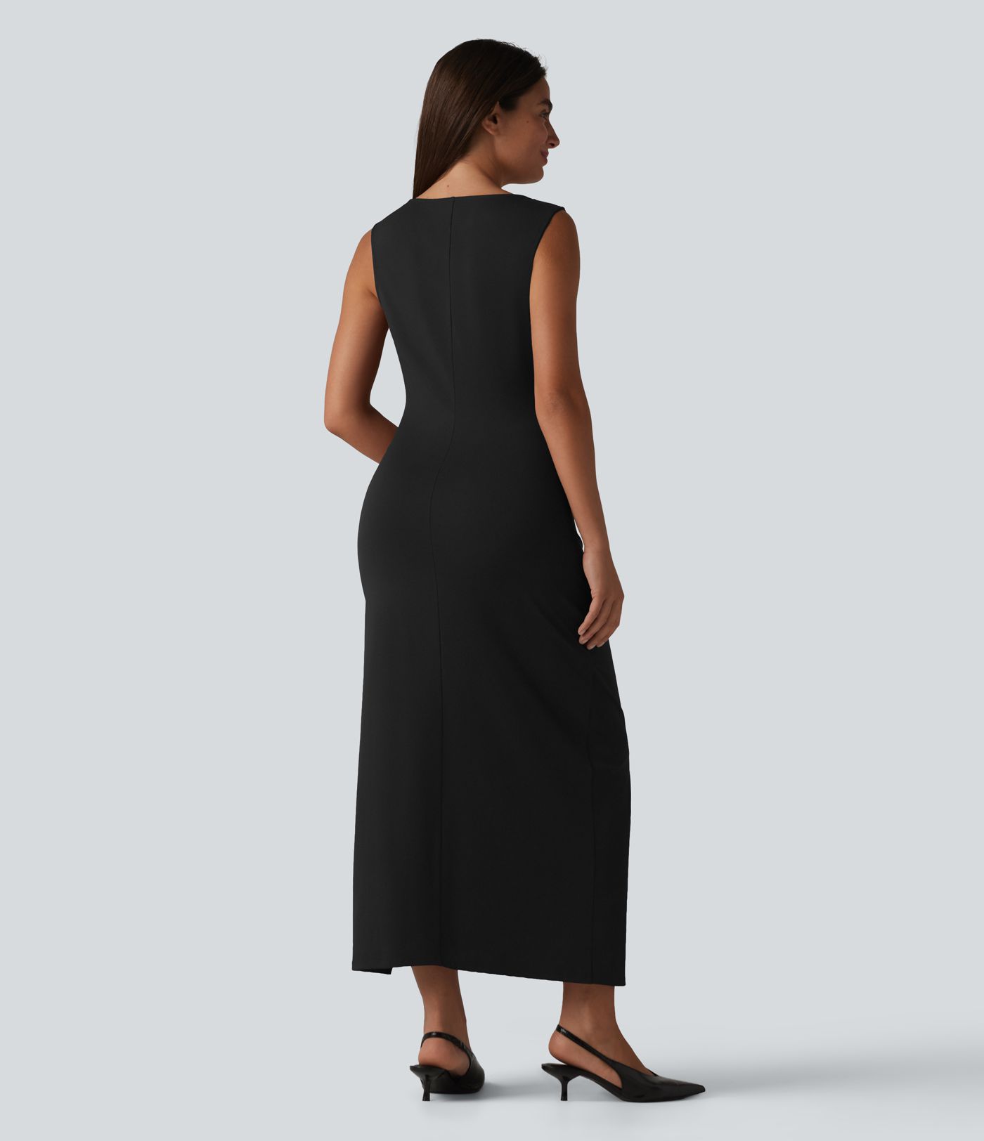 Boat Neck Sleeveless Ruched Midi Casual Dress