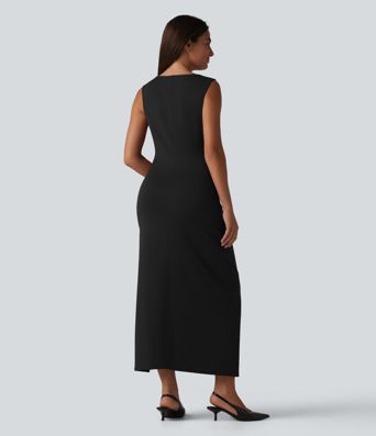 Boat Neck Sleeveless Ruched Midi Casual Dress