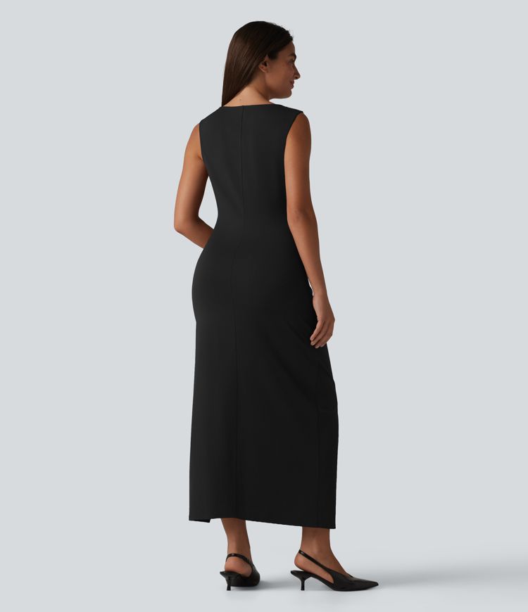 Boat Neck Sleeveless Ruched Midi Casual Dress